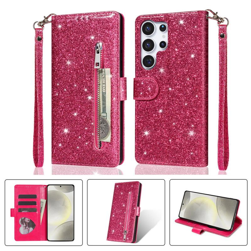 Custodia a Portafoglio Flip in Pelle con Zip Glitterata Per Samsung A57 A37 A17 A56 A36 A26 A16 A55 A35 A25 A15 A54 A34 5G S21 FE S22 S23 S24 Plus S25 Edge S26 Ultra