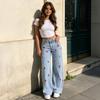 Girl's Bow Cherry Print Baggy Jeans, Wide Leg Mid Waisted Denim Pants, Zipper Fly Elastic Casual Jeans Streetwear with Pockets
