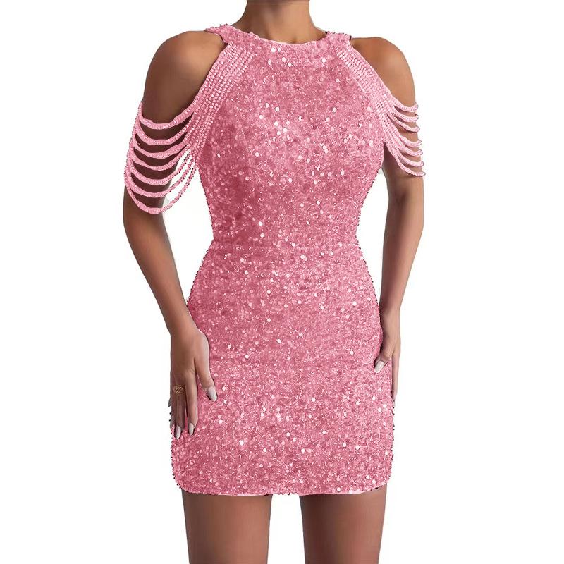 2025 Spring Sexy Halterneck Off-Shoulder Tassel Sequin Dress - European & American Fashion