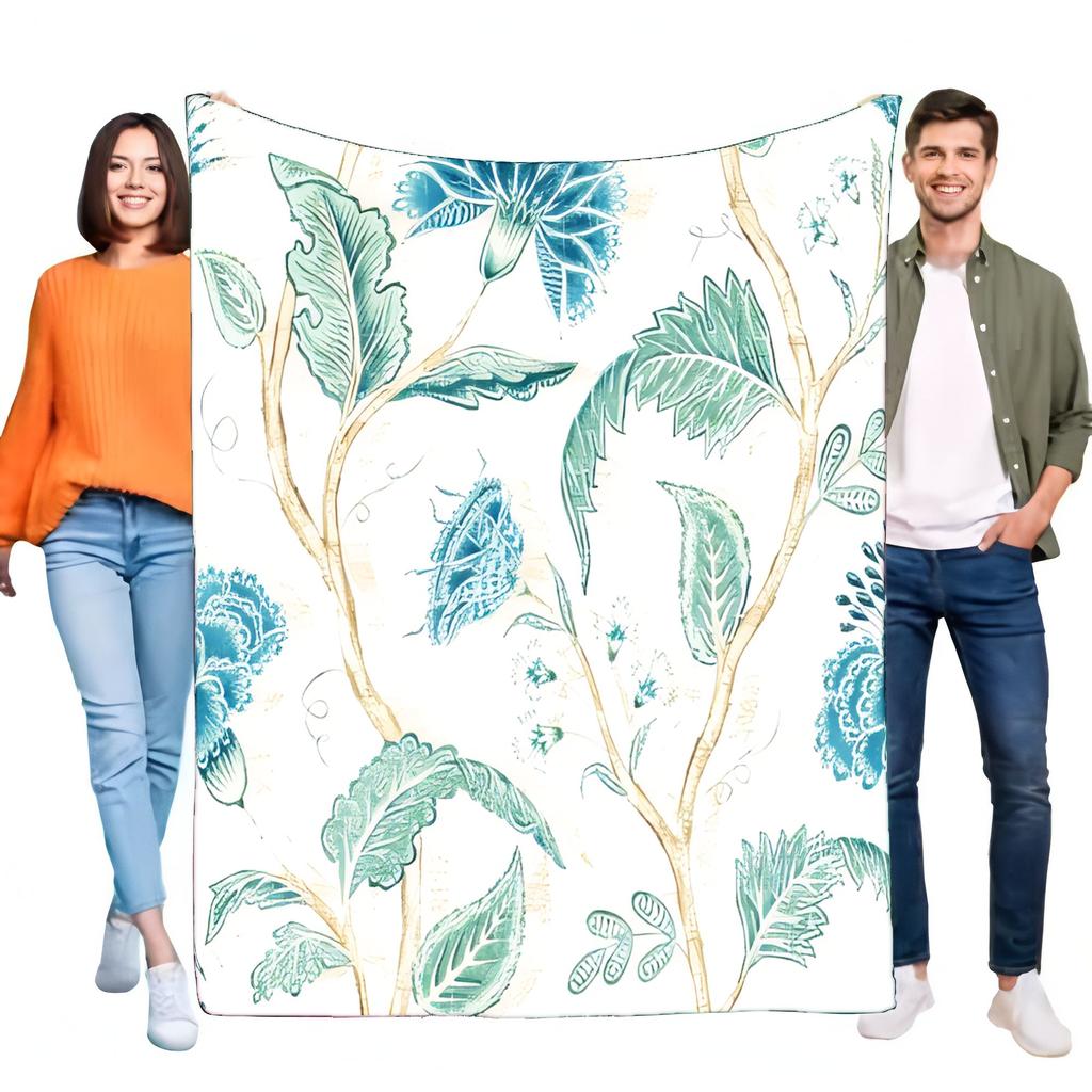 Chinoiserie Floral Botanical Throw Blanket Teal Blue Green Leaves Soft Cozy Lightweight Bed Sofa Decor All Season Gift Aesthetic
