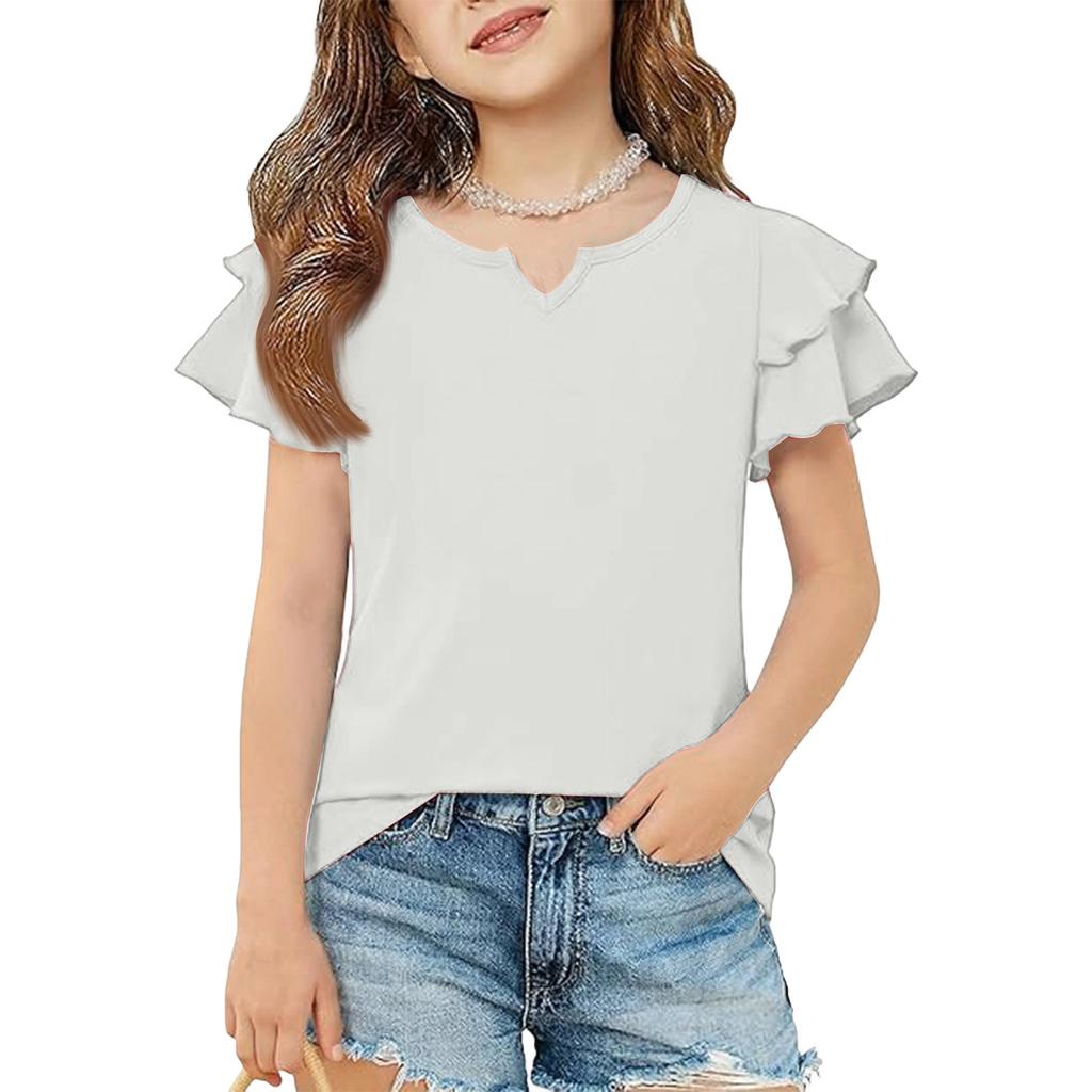 Girls' V-Neck Ruffle Tee - Short Sleeve Summer Blouse