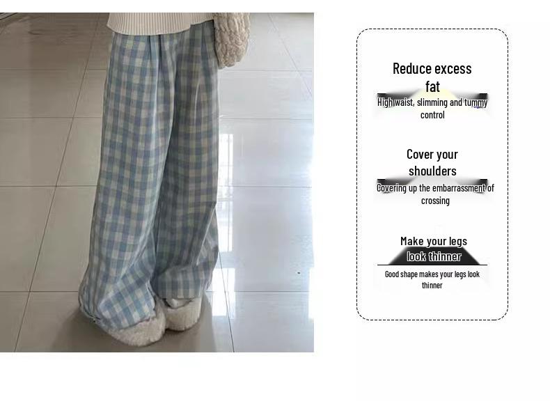 Women's Blue Plaid High-Waisted Loose-Fit Yamamoto Pants - Petite, Casual Wide-Leg, Spring/Autumn 2025 Collection.