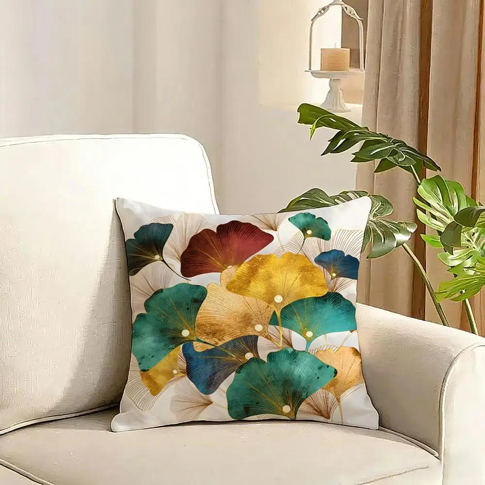 Ginkgo Leaves Printed Cushion Cover Reversible Plush Pillow Cover Soft Fluffy Home Decor for Sofa Bedroom