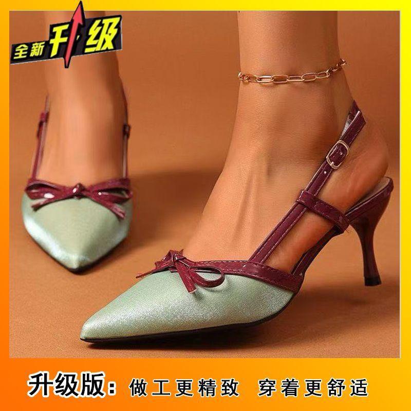Spring and summer new niche pointed head bow high heel women's shoes fashionable versatile and comfortable bag head sandals women