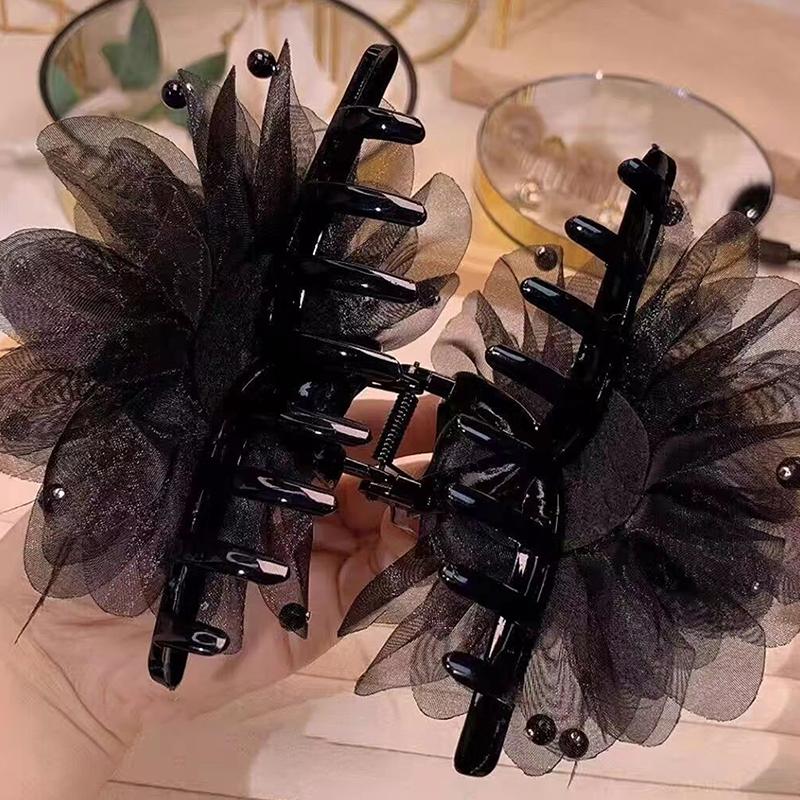 Korean Women Mesh Flower Hair Accessories Organza Pearls Black Feather Grip Shark Hair Clip Headwear
