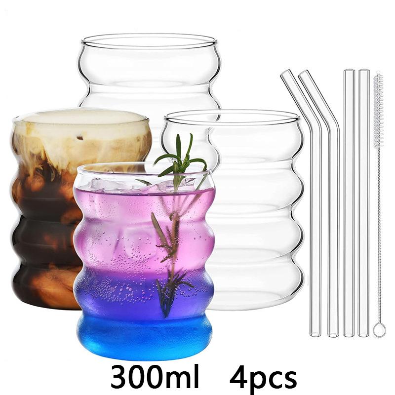 1/2/4 buc Pahare pentru băuturi în formă de val cu paie, Pahare de sticlă vintage, Pahare pentru băutură pentru suc, bere, vin, șampanie, cocktail