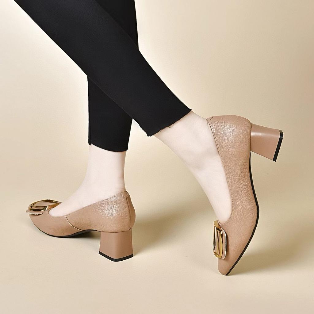 Pointed high heels women's 2025 spring new round buckle shallow mouth one pedal fashion shoes four seasons small single shoes work shoes