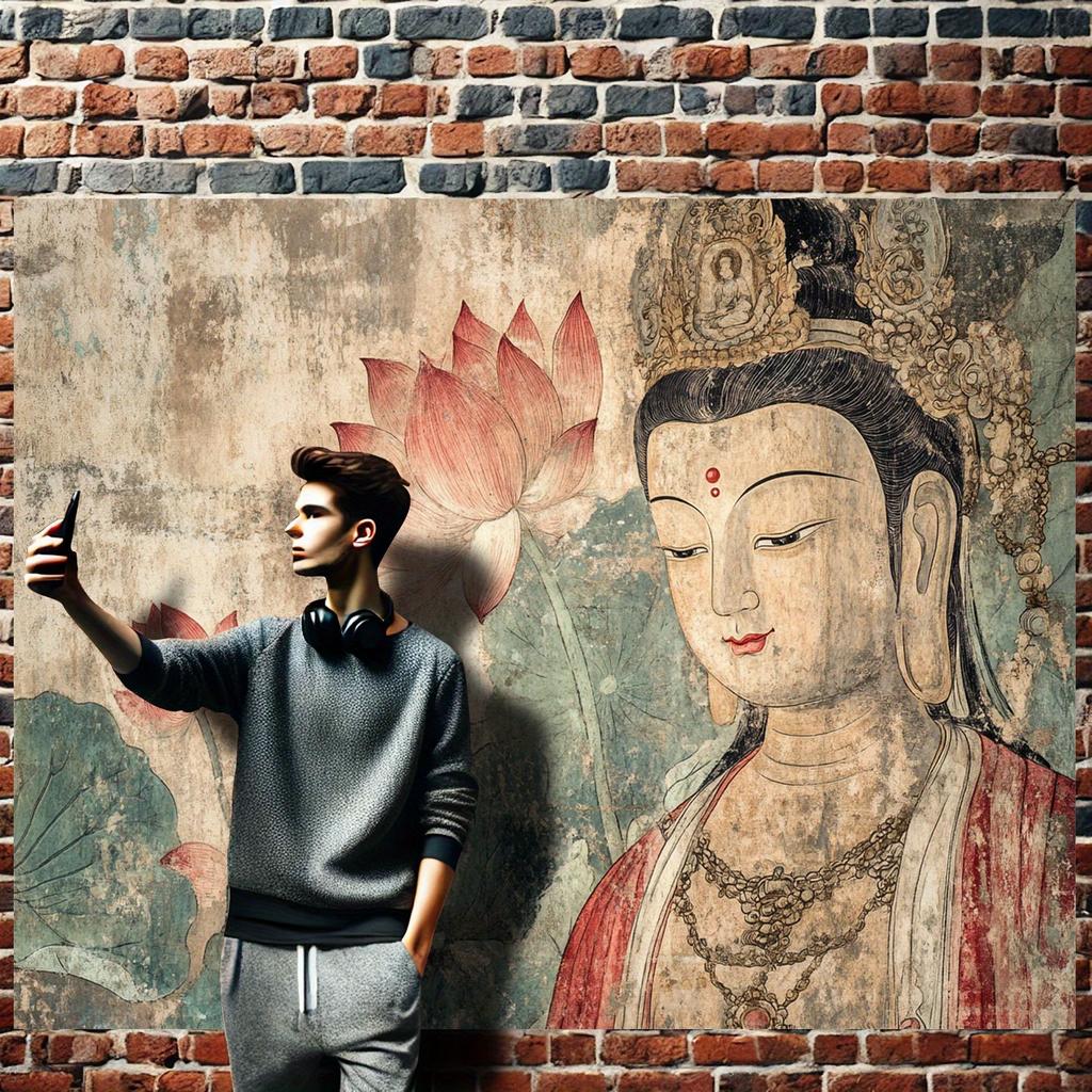 Dunhuang Style Guanyin & Lotus Tapestry Retro Zen Buddha Statue Wall Hanging for Tea Room, Living Room & Study Decor