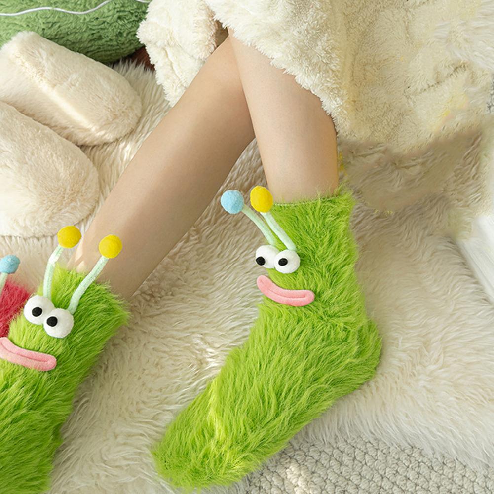 Women's Autumn Winter Socks Cute Mid-tube Fluffy Floor Sleep Funny Velvety Warm Thick Happy Ugly Socks Girls Gift Lady