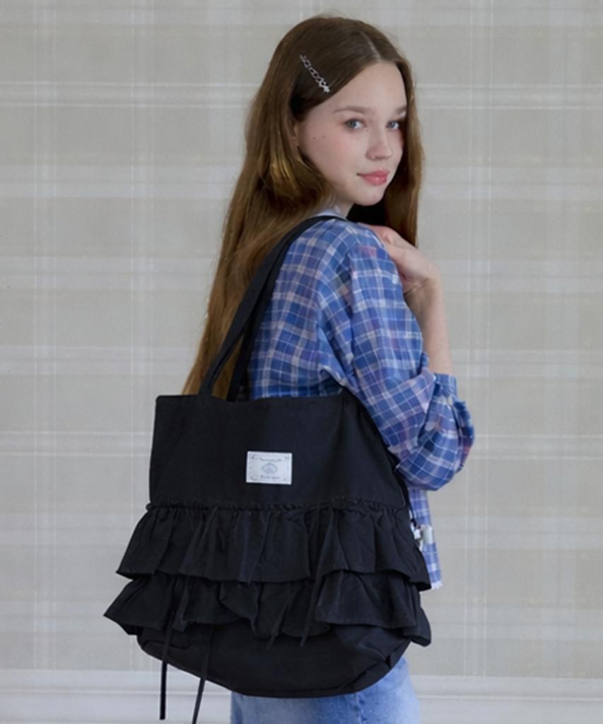 Pink Pineapple Mellow Frill Tiered Tote Bag_Black