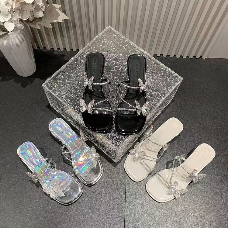 Transparent temperament cool slippers women's 2025 summer new beautiful with skirt high heel bow rhinestone fairy sandals