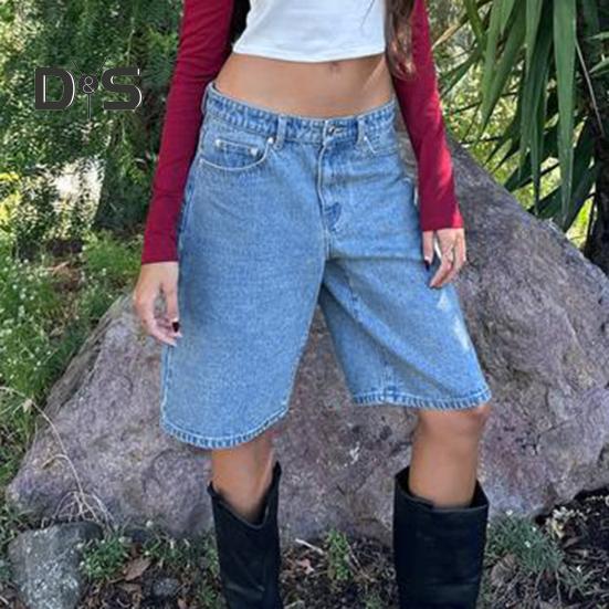 Dámské džínové šortky ke kolenům s kapsami Střední pas Volné džínové bermudy Rovná nohavice Džínové krátké kalhoty