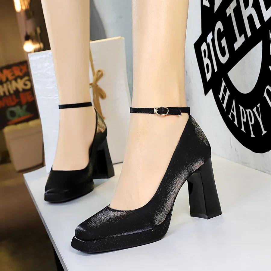 Fashion HOT Woman Pumps Autumn Thick Silk Satin 9CM High Heels Shoes OL High-heeled Female The Trend of Ultra High Heels Female Shoes
