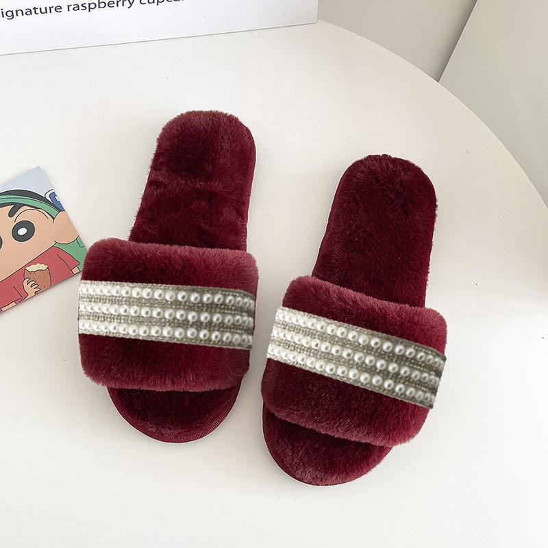 Cotton Slippers Women's Winter New Pearl Indoor Ins Home Household One-word Warm and Non-slip Maternity Plush Slippers