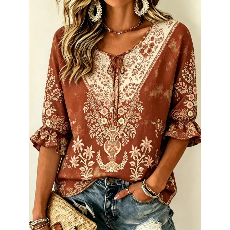 Women's Burgundy Ornate Floral Print Tie Front Blouse, Casual Loose Top for Spring Summer Daily Wear