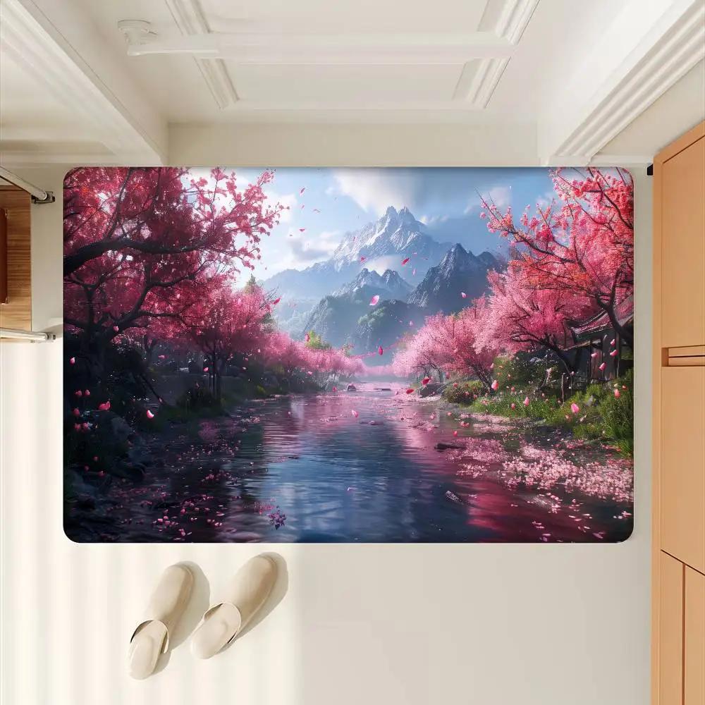 Cherry Blossom Art Pattern Hallway Carpet Non-Slip Laundry Room Mat Laundry Decor Balcony Child Living Room Bedside Area Rugs