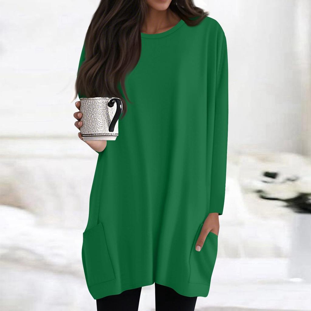 Womens Tops Round Neck Long Sleeve Blouses Casual Mid-length Shirts Fashion Print Tunic Tops With Pockets
