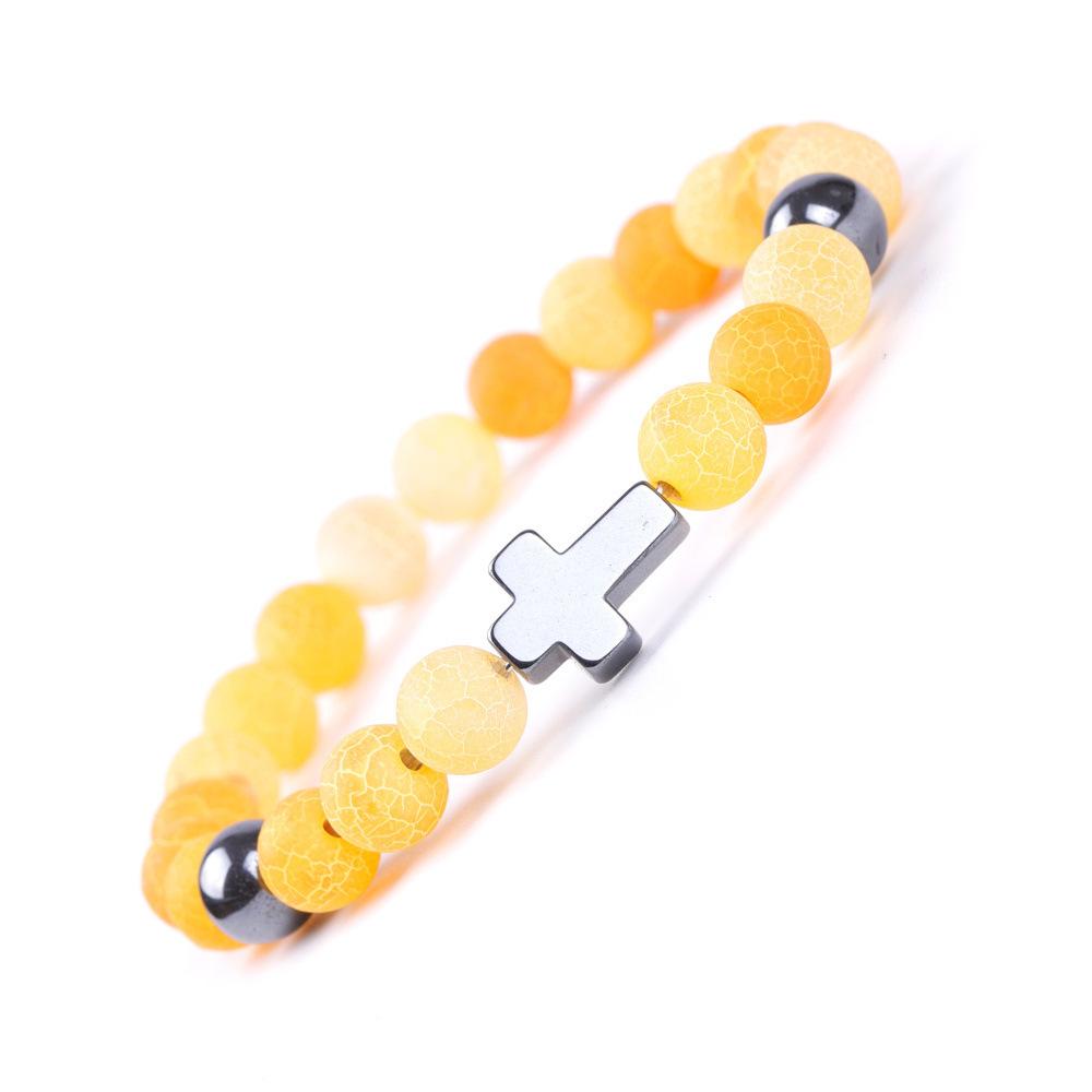 Natural Stone Cross Bracelets Colorful Weathering Agate Cross Elastic Rope Bracelet For Men Women Charm Yoga Jewelry
