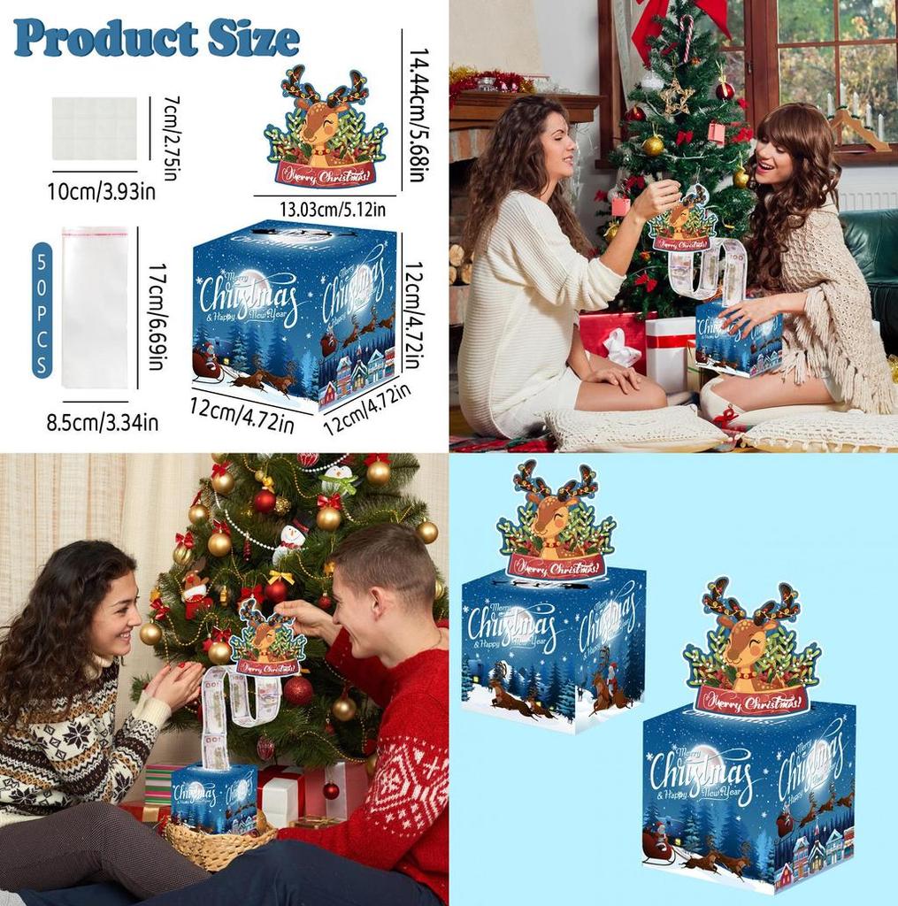 Christmas Theme Gift Box With Deep Blue Reindeer Design For Holiday Party Decor