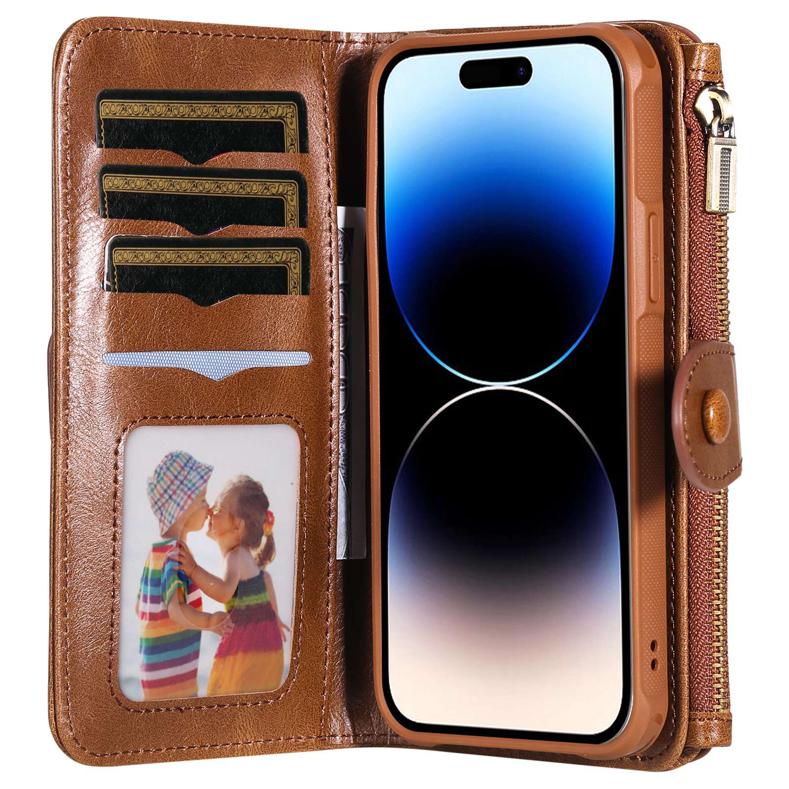 

For iPhone 14 Pro Magnetic Case Detachable PU Leather Zipper Wallet Cover Brown