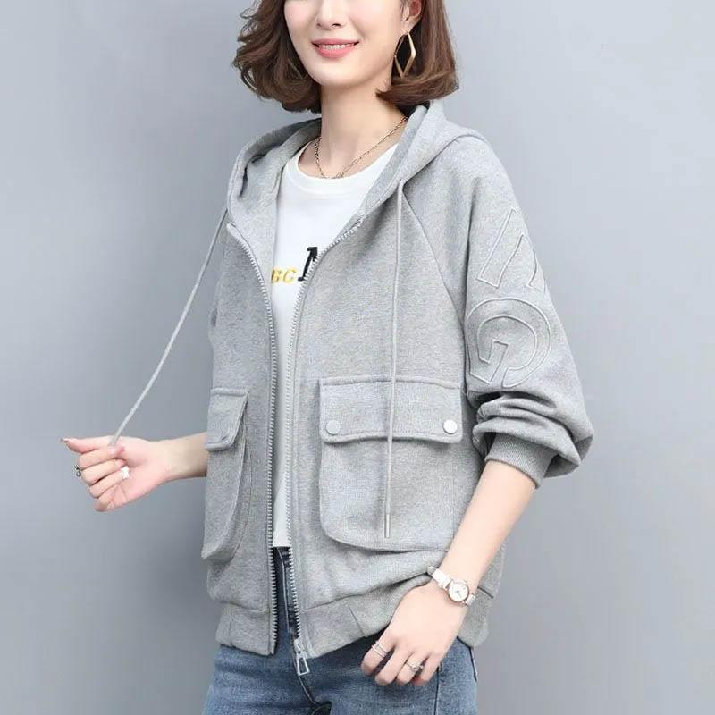 Hooded Coat for Women Cotton Loose Versatile Solid Color Casual Zipper Cardigan Tops