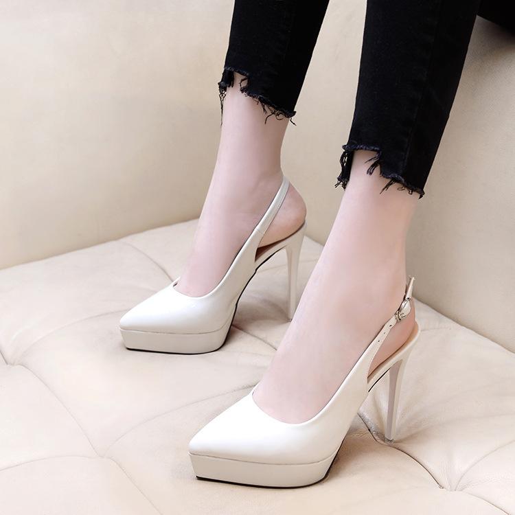 

Spring and summer new high heels, one-word buckle with pointed waterproof table, super high heel 12cm women s shoes patent leather single shoes women 39 бежевый