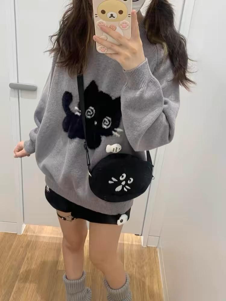 Kawaii Šedé Dámské Svetry Japonský styl Preppy Pletené svetry Cutecore Oversized svetry Sweet Harajuku Soft Girl