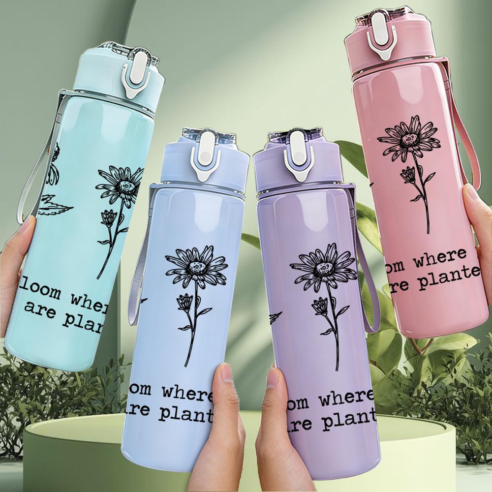 1PC Bloom Where Planted Flower 750ml Color Plastic Sports Water Bottle Leakproof Flip Straw Lid Suitable for Sports Office Home Use