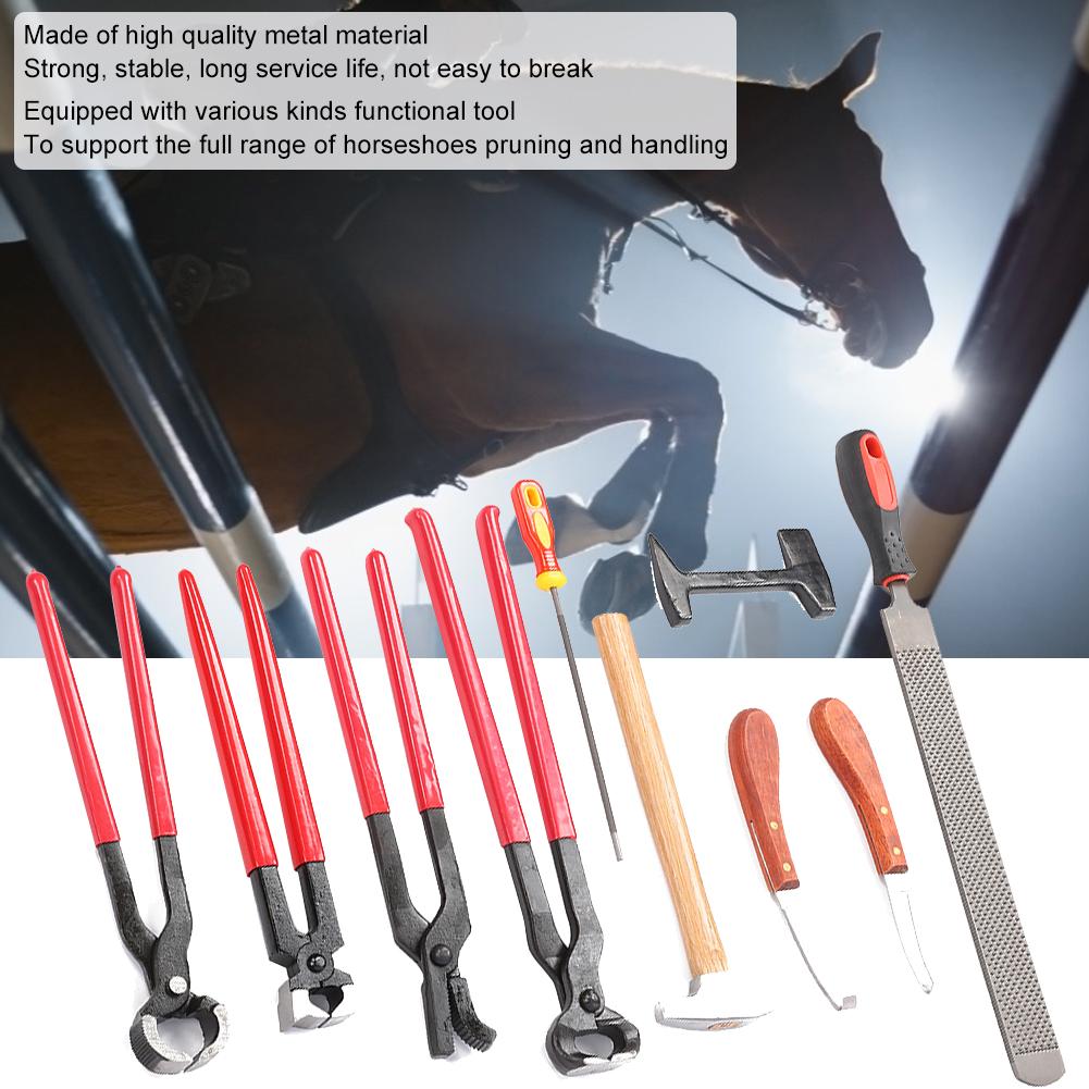 9 PEÇAS Aço Ferro Cabo Ergonômico Alicate Cortador de Cascos Ferradura Lima Martelo de Unha Ferramenta para Cascos Cavalo