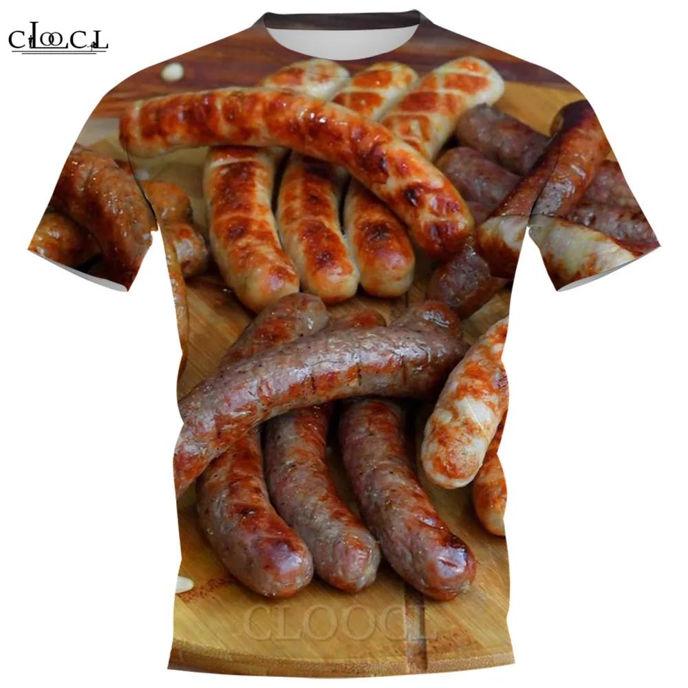 Yummy Food Graphic 3D Print T-shirts Delicacy Grilled Sausages Pullovers Summer Round Neck Fashionable Casual Short Sleeved Men's T-shirts