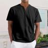 Men's Casual V-Neck Short-Sleeve Shirt - Cotton Solid Color, Breathable Button-Up Top