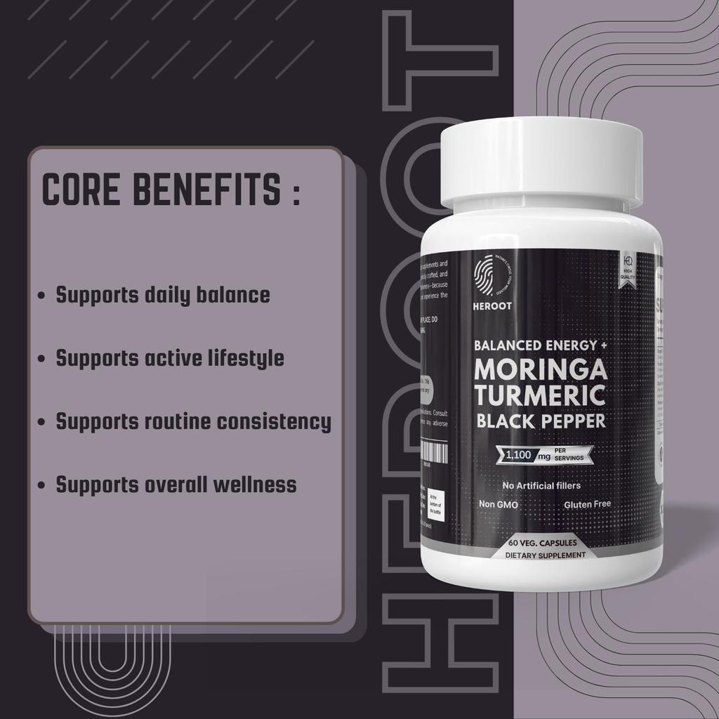Heroot Kapsułki Kurkuma Moringa i Czarny Pieprz | Mieszanka Ziołowa | 1100mg