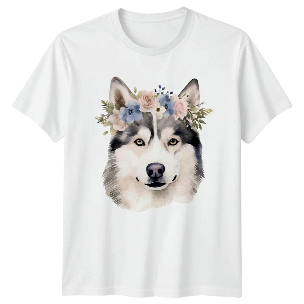 Watercolor Siberian Husky Dog With Unisexs TShirt Flower Crown Pet Portrait S
