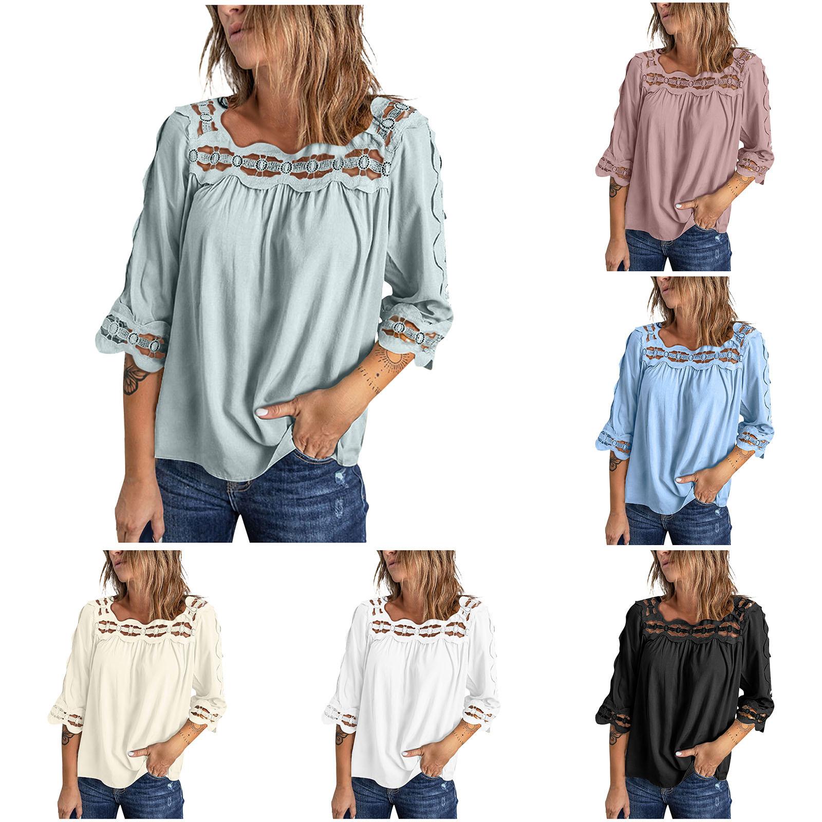 

Женский повседневный шифоновый лоскутный однотонный ажурный кружевной топ с половиной рукавов