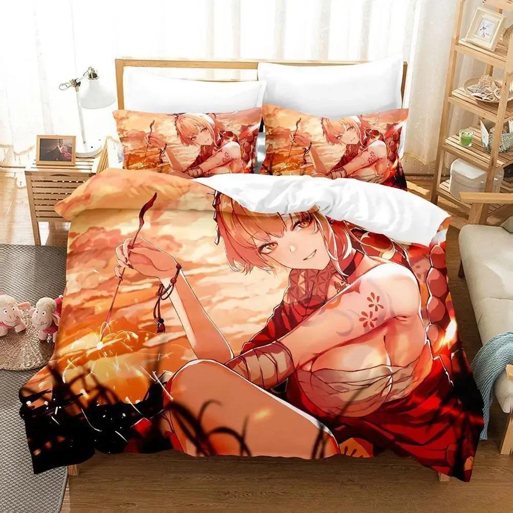 Game Yoimiya Genshin Impact Bedding Set Cartoon Anime Three-piece Set Adult Kid Bedroom Duvet Cover Sets 3D Kawaii Girls