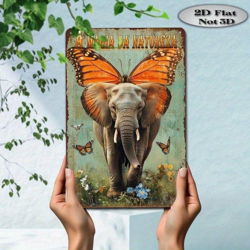 Metal Poster Wall Art Vintage Elephant Butterfly Nature Magic Aluminum 12x8 inch Living Room Decor