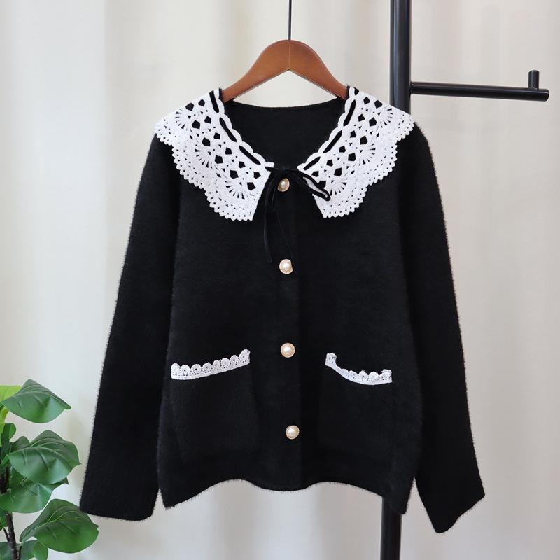 Splicing lace imitation mink fleece sweater jacket for women's autumn and winter new sweet age-reducing knitted cardigan for women