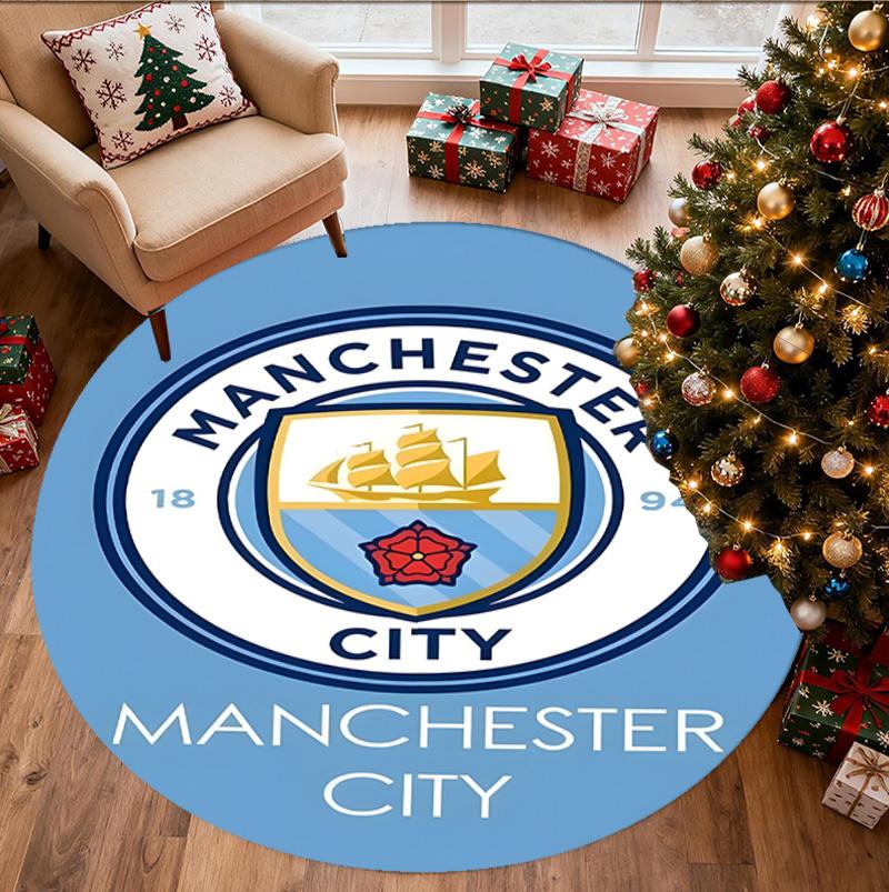 Manchester City FC Pattern Round Rug, Indoor/Outdoor Mat, for Picnic, Gameroom, Bedroom, Office, Living Room, Home Decor Carpet, Birthday Gift
