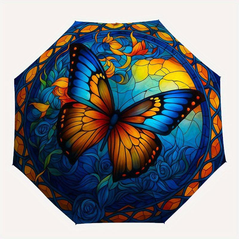 Stunning Stained Cute Butterfly Window Art Umbrella, Cute Umbrella with Cute Design, Portable 3-Fold Compact Umbrella for Men & Women, Valentine's Day