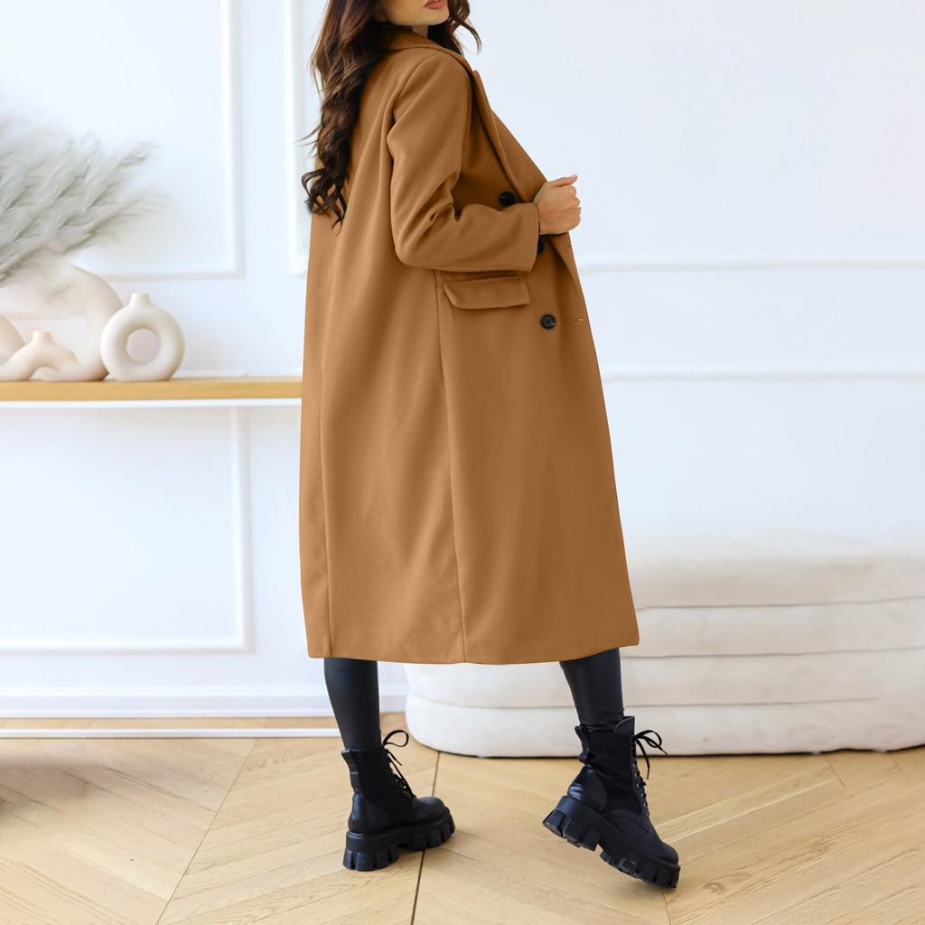 Women's Long Solid Double Breasted Long Sleeves Pocketless Coat Outwear Pocket Decoration