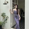 Purple suspender floral dress children's summer new pear-shaped figure high-end slim-fitting hip-wrapped dress