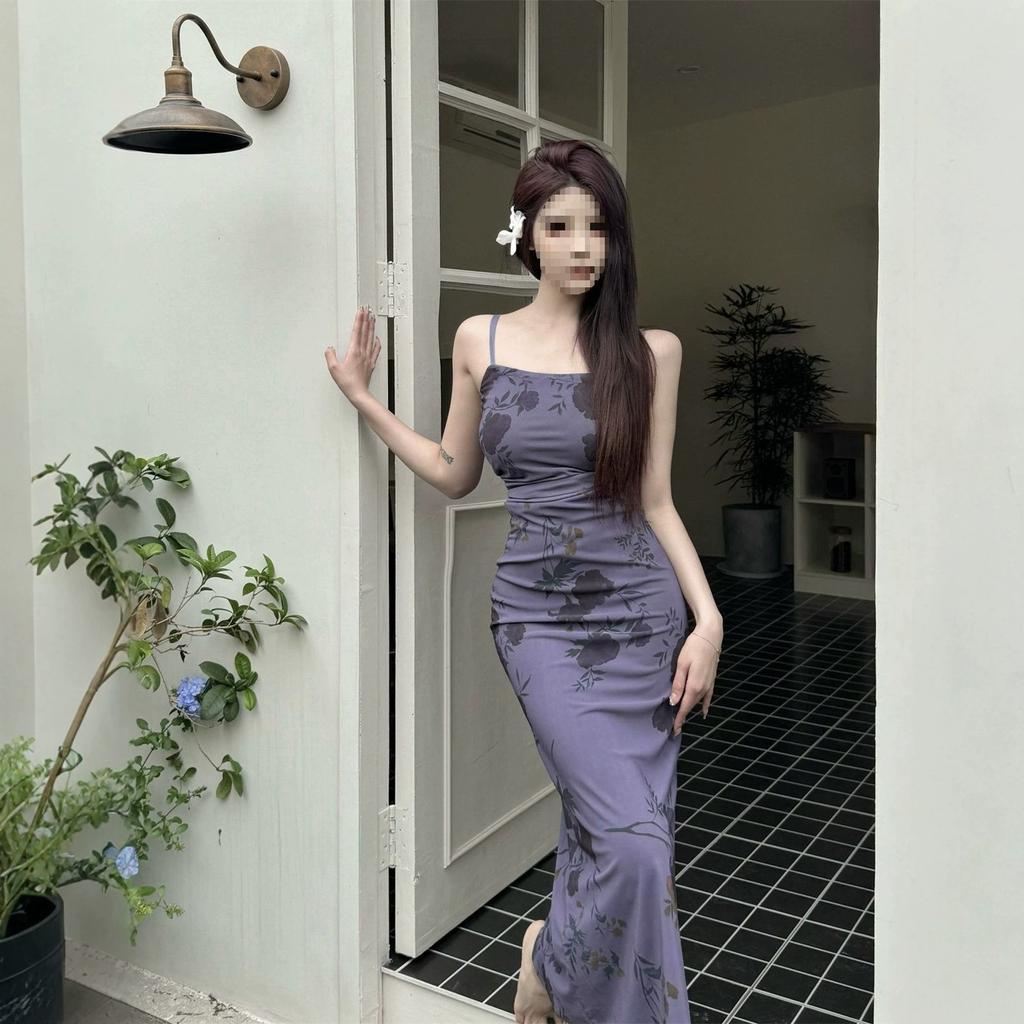 Purple suspender floral dress children's summer new pear-shaped figure high-end slim-fitting hip-wrapped dress