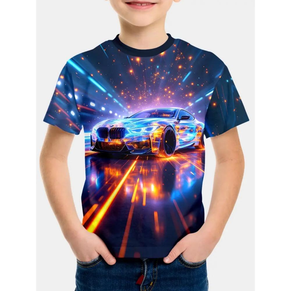 Racing pattern printed T-shirt for boys and girls, gift for children, short sleeved top, children's clothing, boys' T-shirt