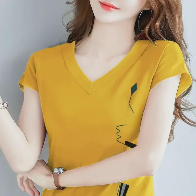 

Женская футболка свободного кроя с V-образным вырезом и короткими рукавами из чистого хлопка 2024 года - летний топ больших размеров XL