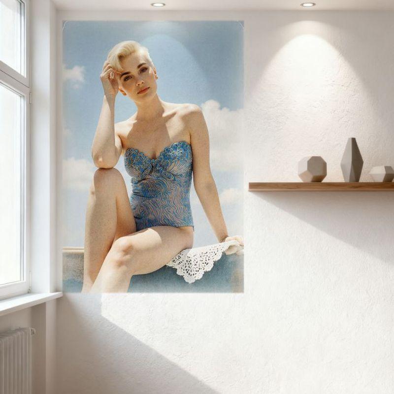 Vintage Retro Sexy Blonde Woman Updo Swimsuit Tin Sign, Light Blue Poolside Decor Metal Poster for Bar Pub Home Cafe Wall Decor
