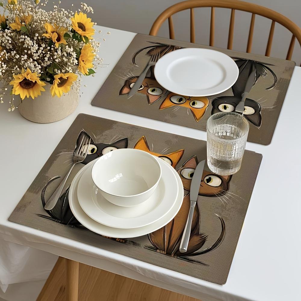 Perfect for Dining Table & Party Decor 4pcs Cat-Themed Placemats – 12x18in  Single-Sided Printed Fabric with Three Cute Cats