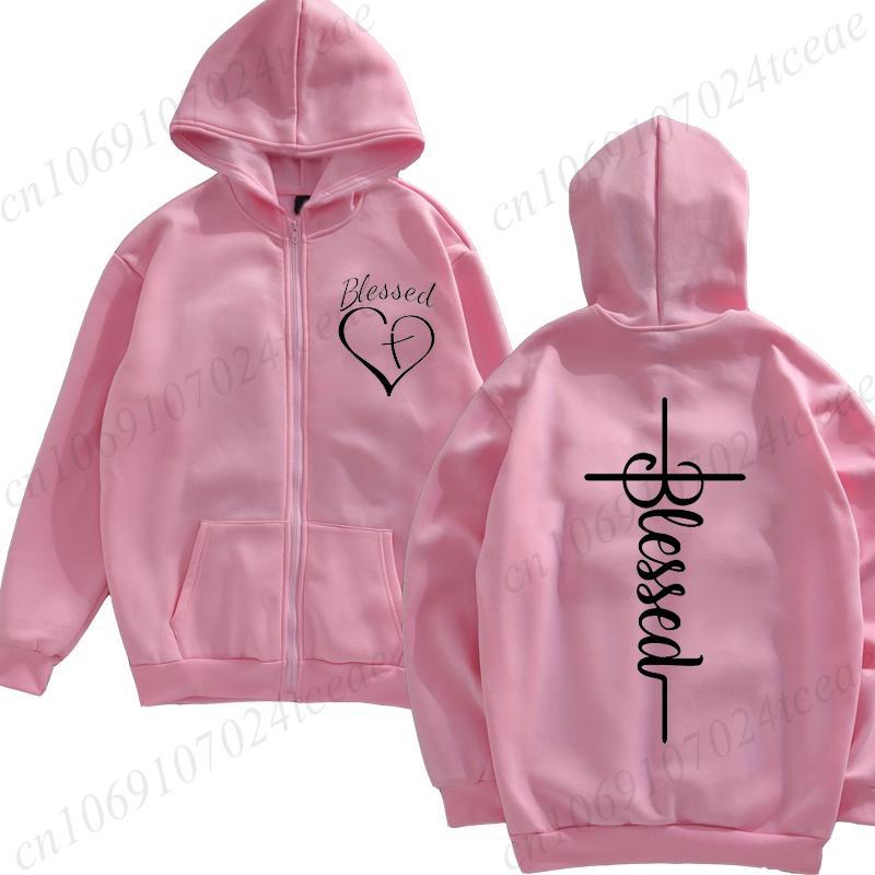 Women's Zipper Hoodie Autumn Winter Fashion Zip Up Hoodies Blessed and Heart Sweatshirt Women Streetwear Blessed Cross Coats