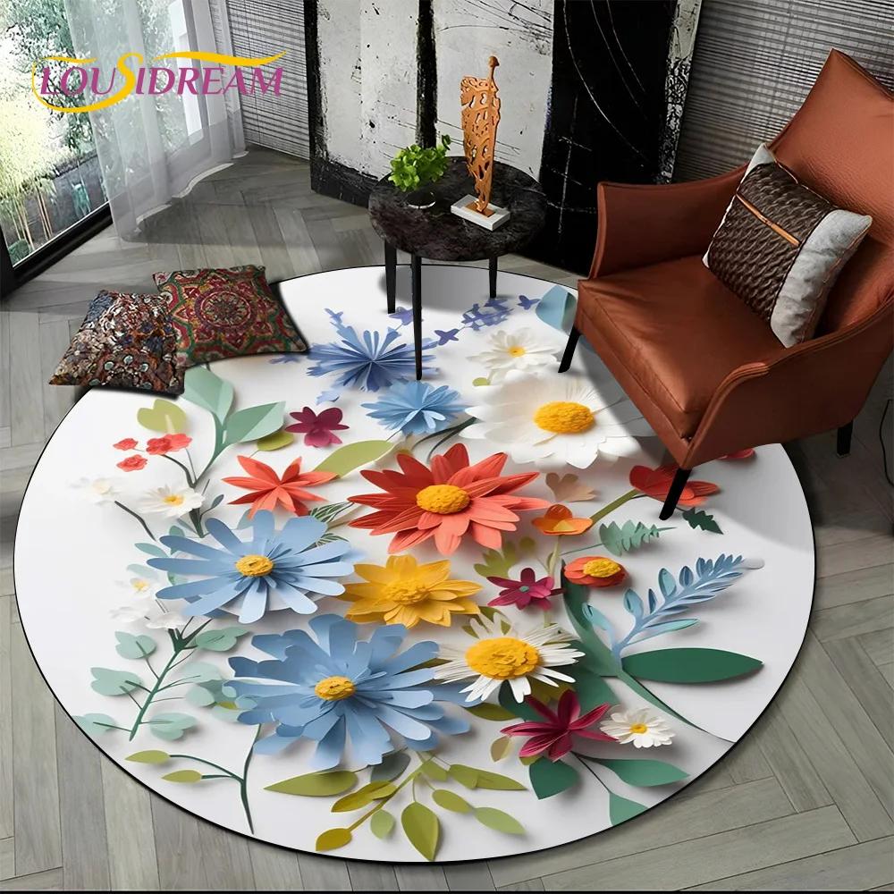 Dream Flower Art Daisy Rose Sunflower Cartoon Round Carpet Rug for Living Room Bedroom Kid Decor,Pet Area Rug Non-slip Floor Mat