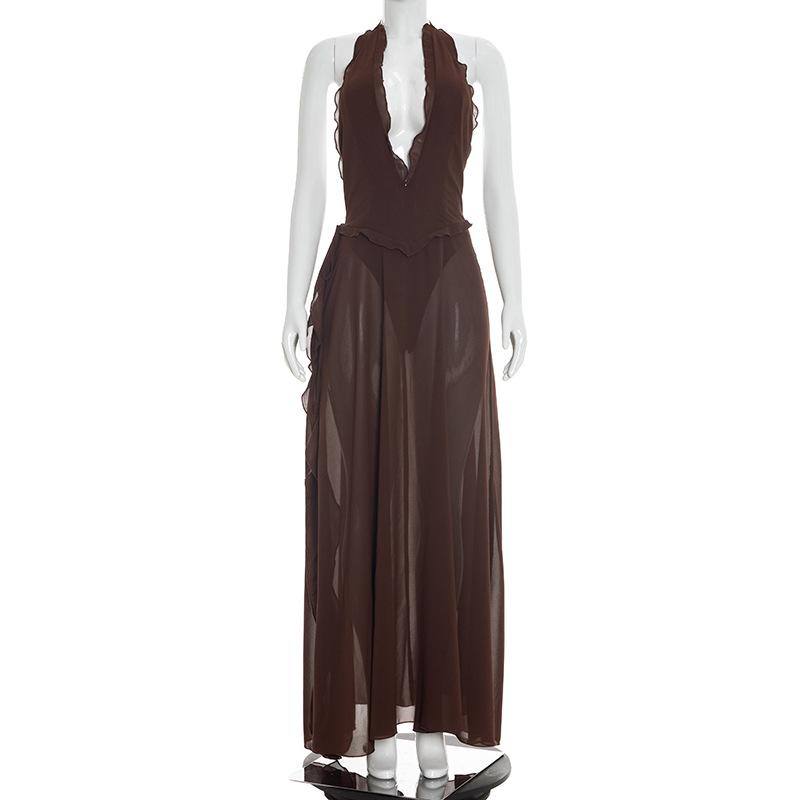 

European & American Halter Lace Dress with High Slit and Low Neckline S