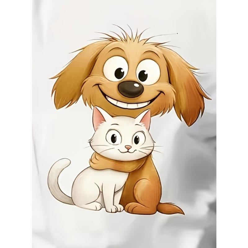 European Size Boys Round-neck Short-sleeved T-shirt with Dog and Cat Pattern Print